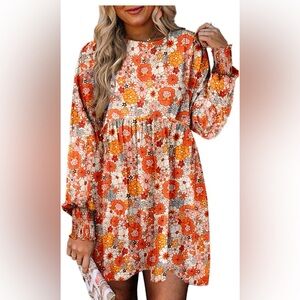 Orange and Red Long Sleeve Sundress with Bishop Sleeves